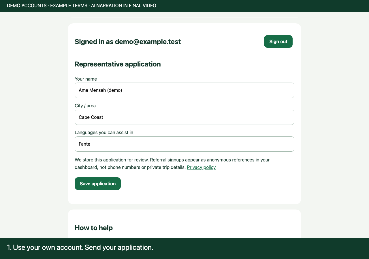 Representative application with name, area and languages