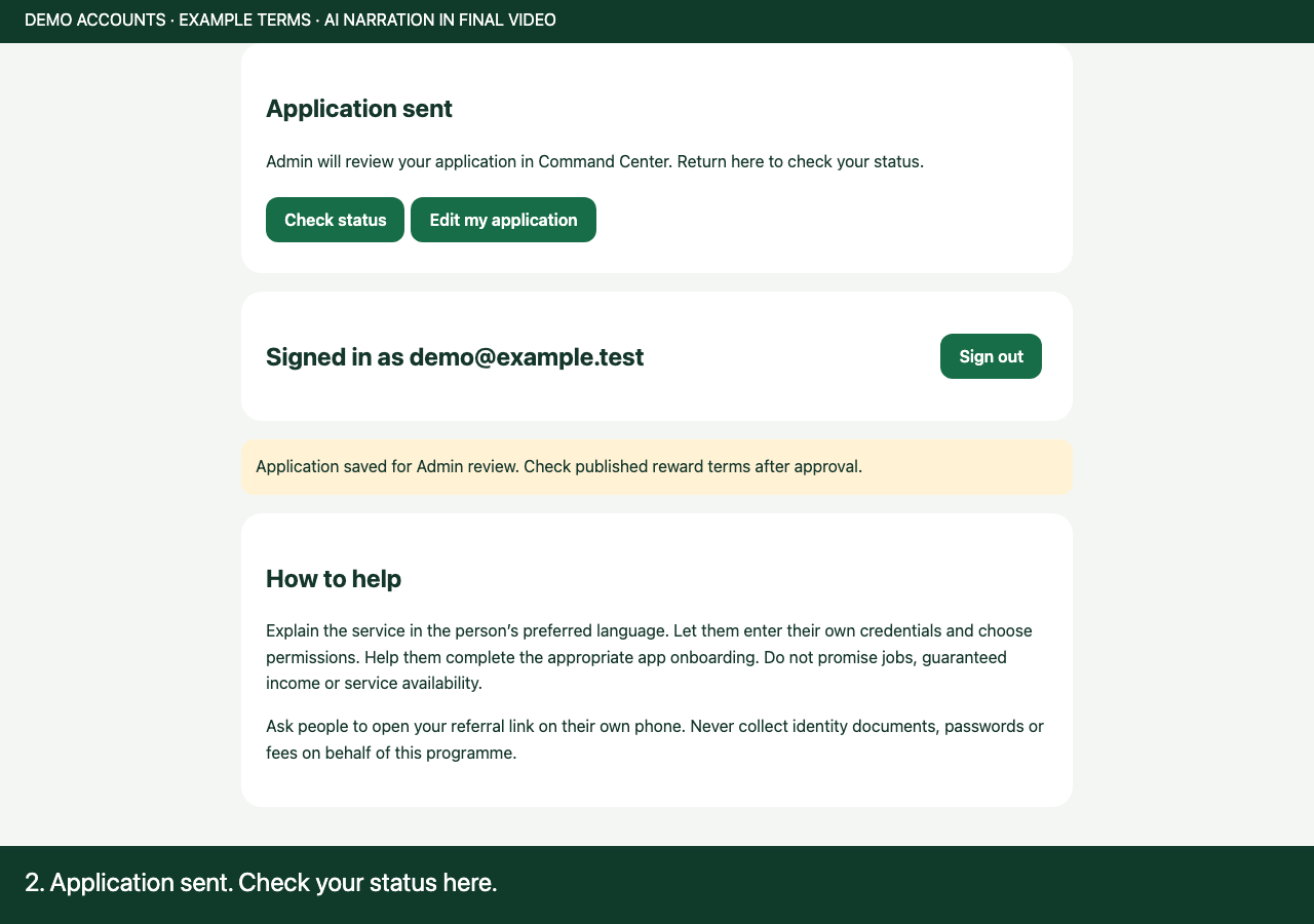 Application sent with Check status and Edit my application buttons