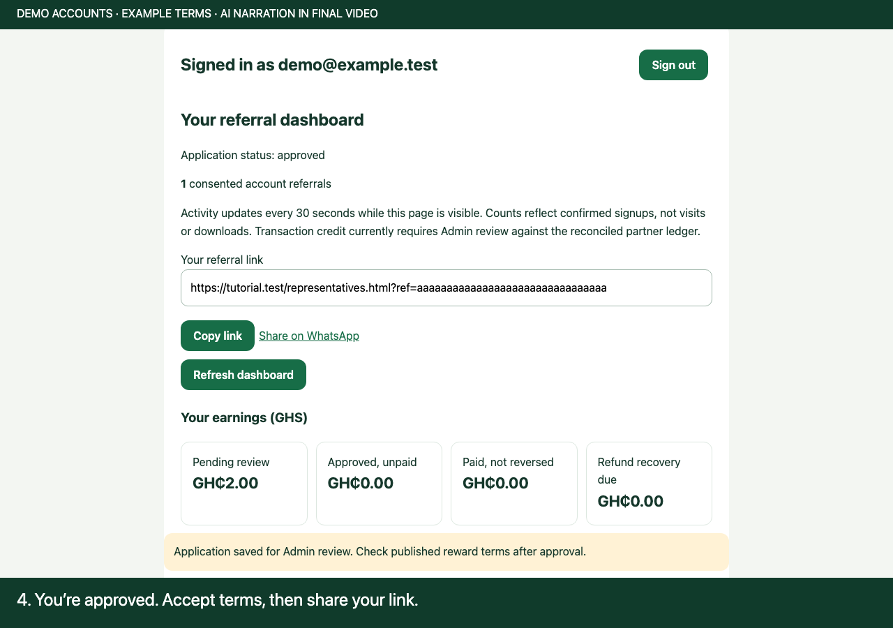 Approved representative dashboard with personal referral link