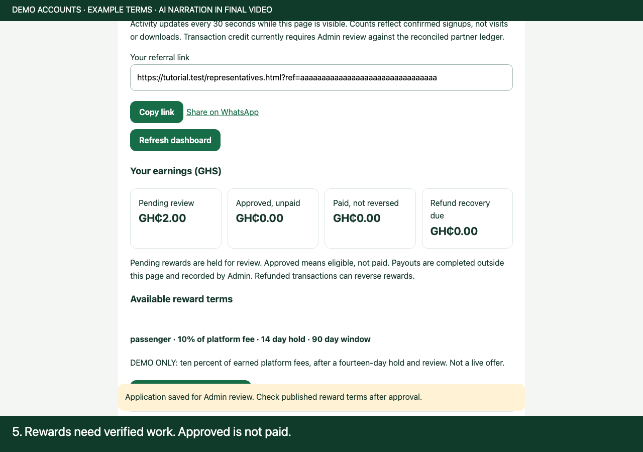 Example earnings separated into pending, approved, paid and refund recovery