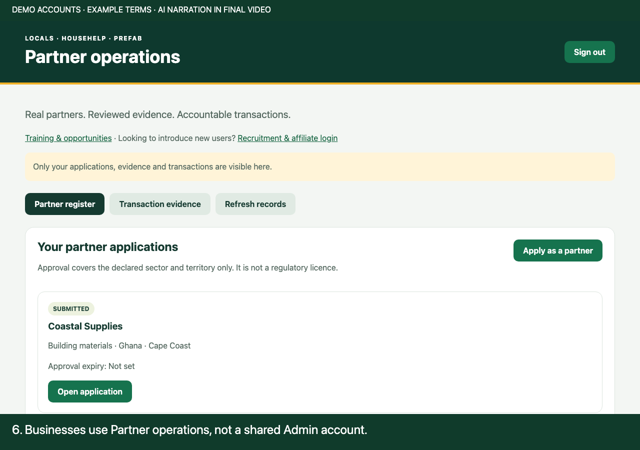 Business partner page showing its own application